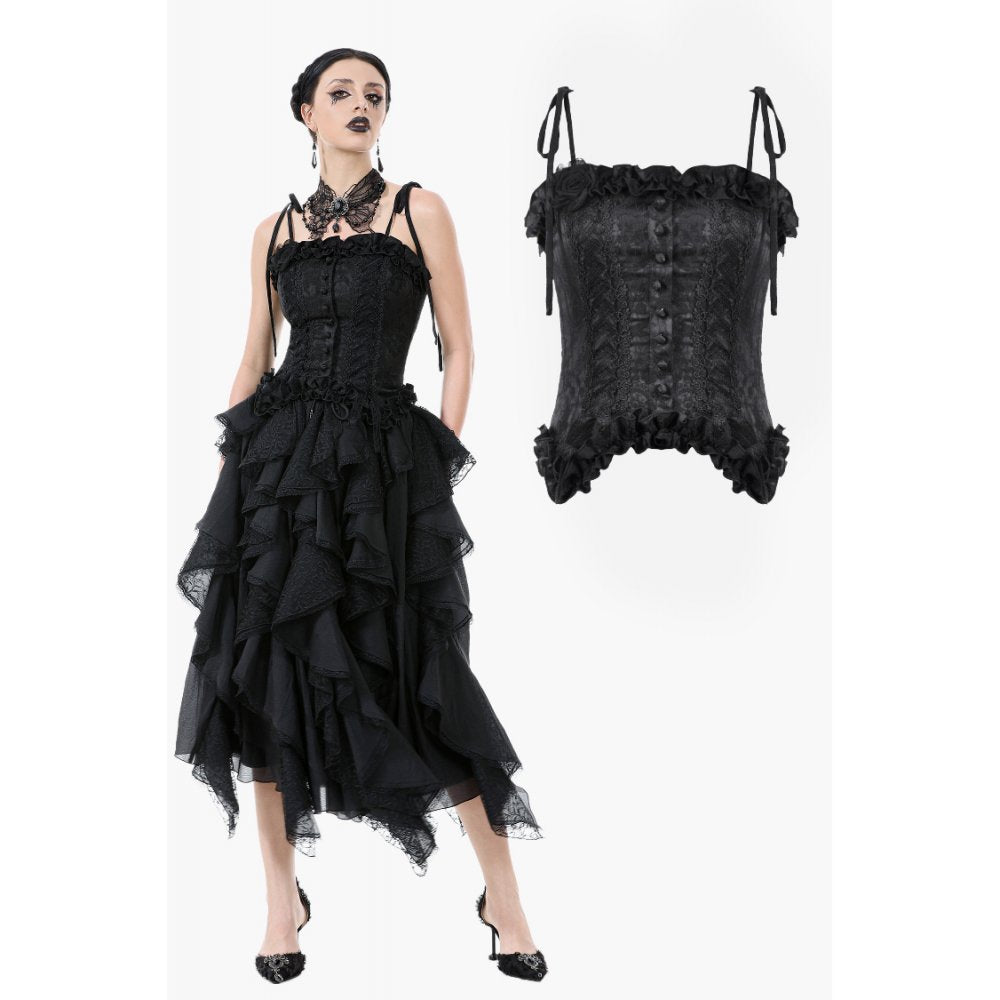 Elegant Floral Jacquard Bustier with Lace & Rose Detail