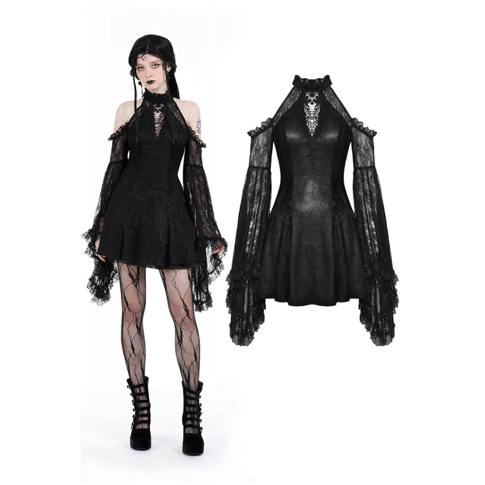 Gothic lost girl sexy shoulder bell lace sleeves dress