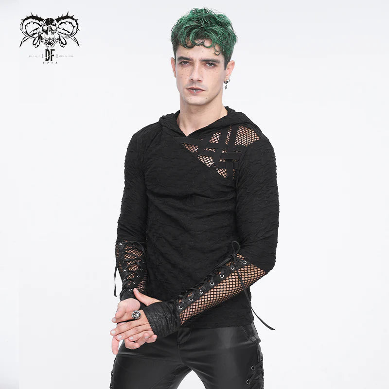 Punk wild grain knitted hooded men's T-shirt