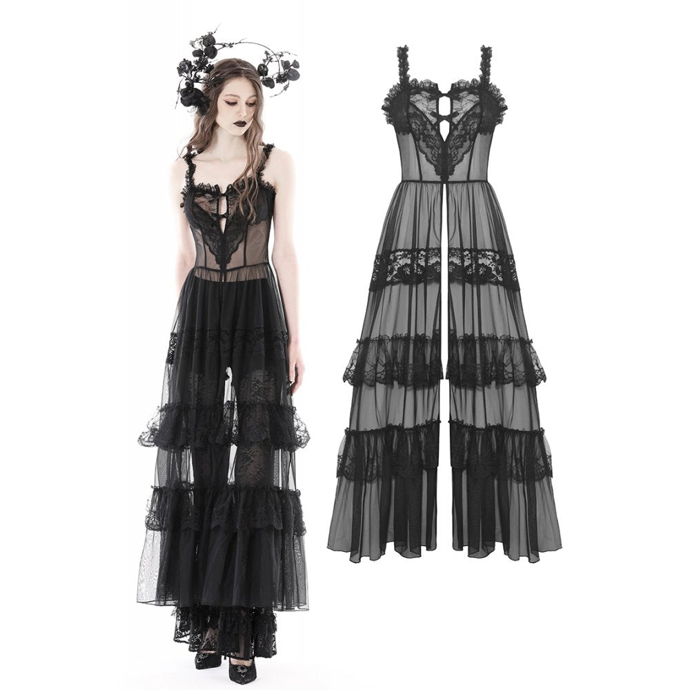Gothic sexy transparent hearted layer lace mesh maxi dress