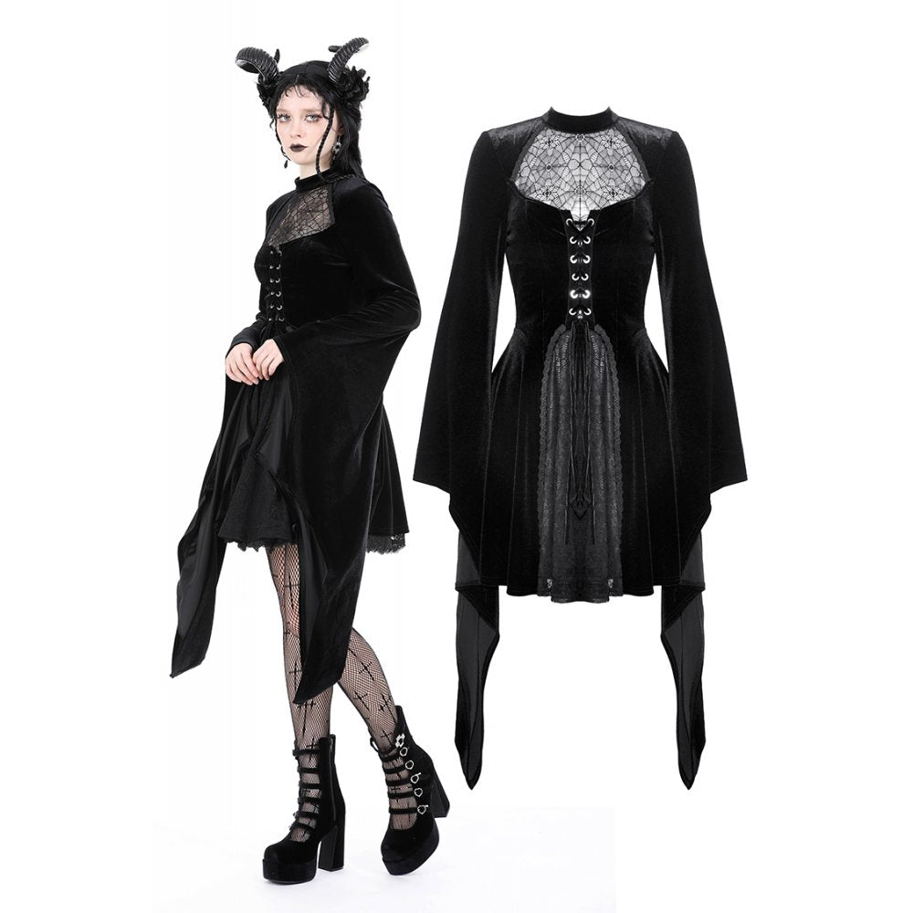 Gothic spider web sexy chest large sleeve velvet dress