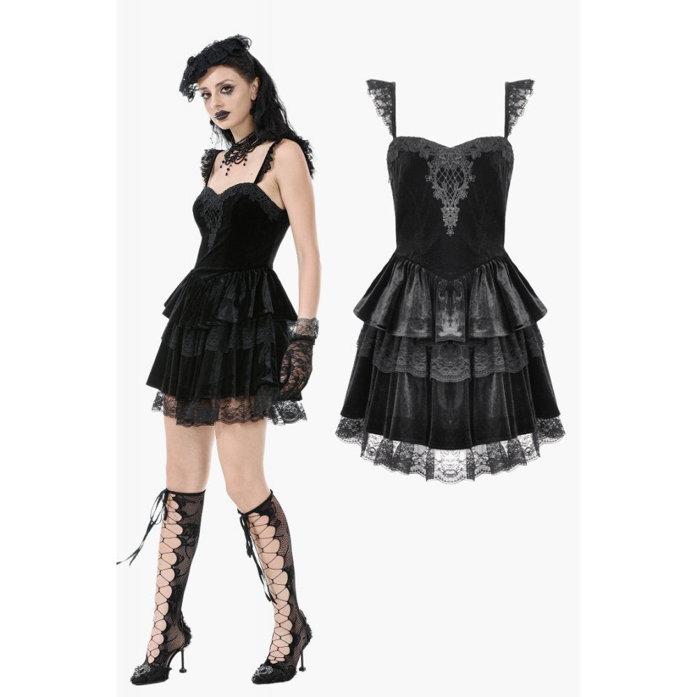 Gothic Midnight Velvet Dress with Lace Petal Sleeves and Layered Ruffle Skirt