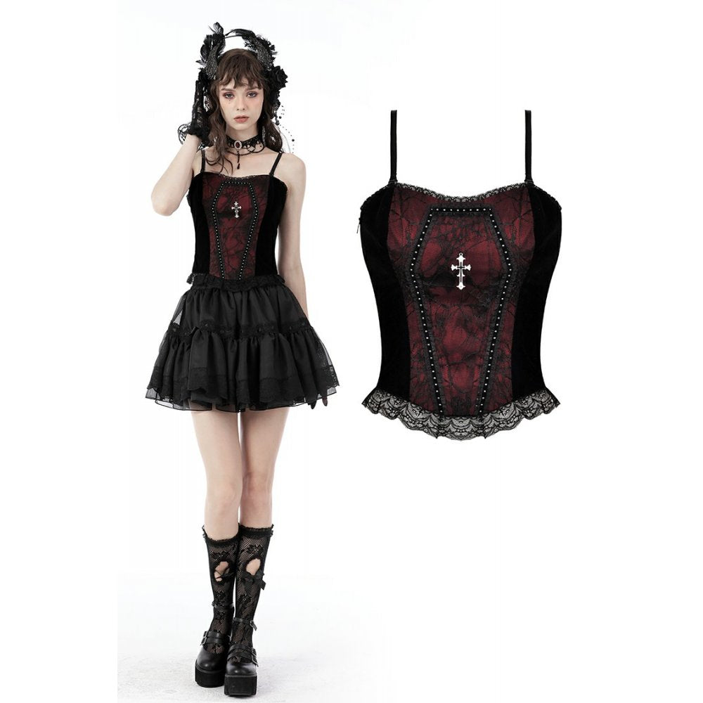 Gothic funeral dark red dead cross strap top