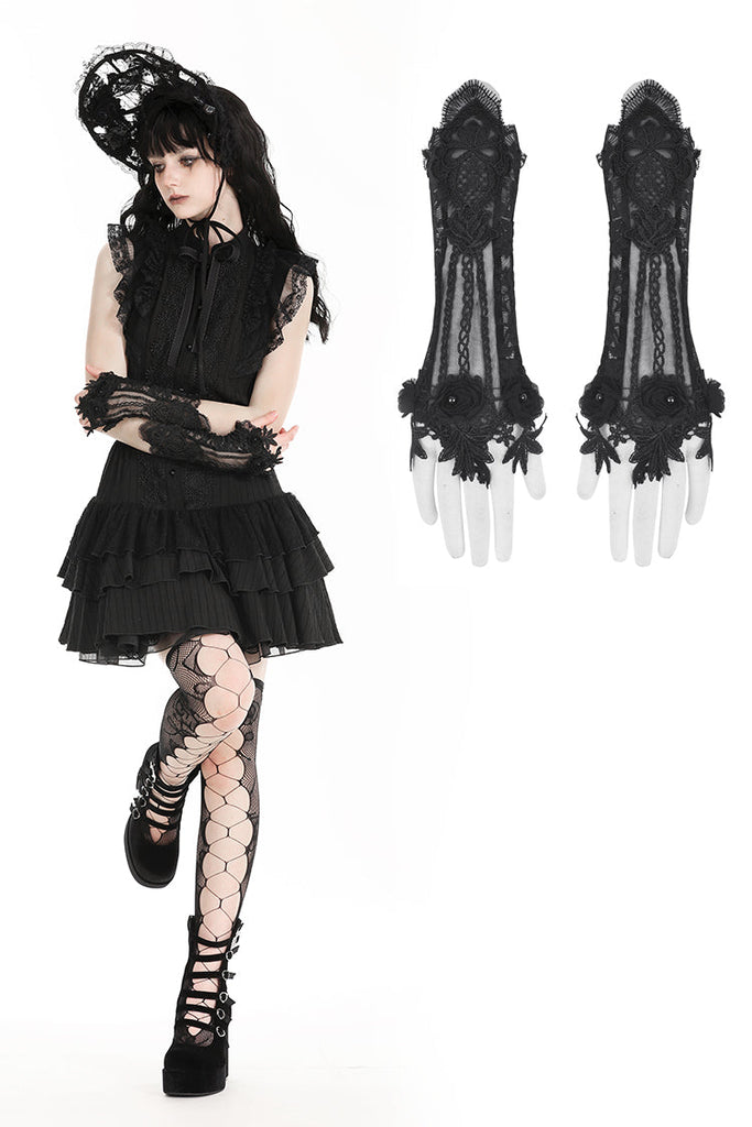 Gothic black skeleton lace gloves
