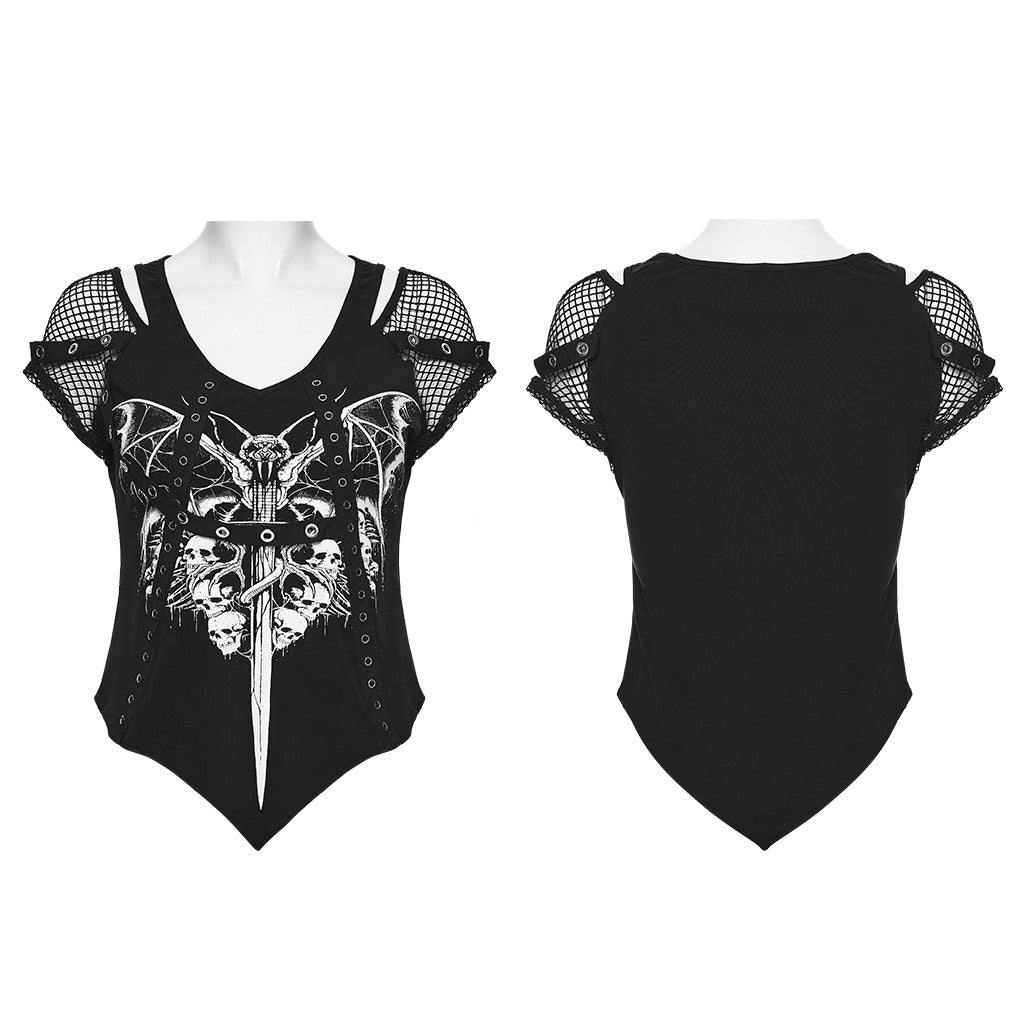 Gothic Mesh Sleeve Punk T-Shirts with Skull Graphics
