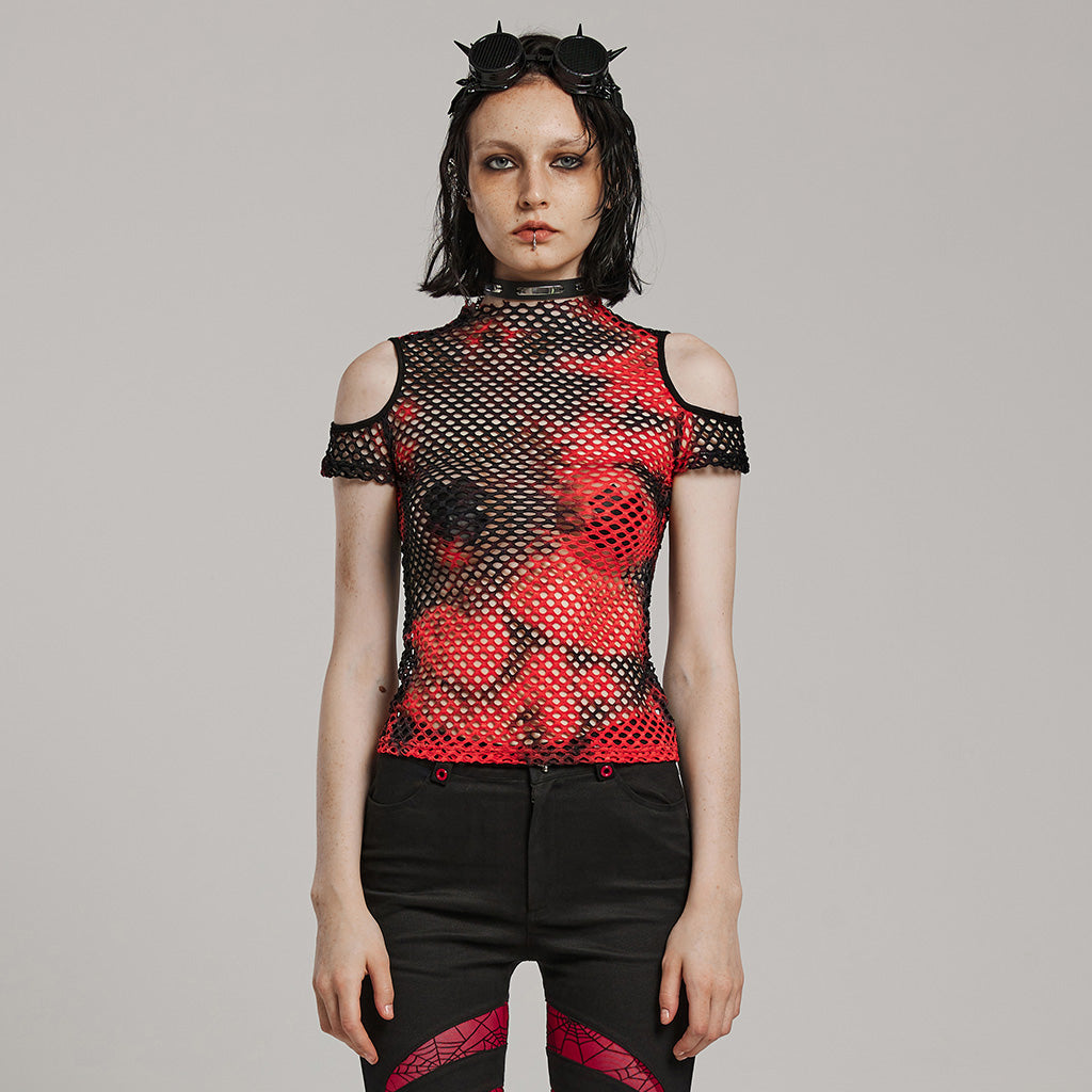 Gothic Mesh Punk T-Shirt with Cold Shoulder Cutouts- Blue