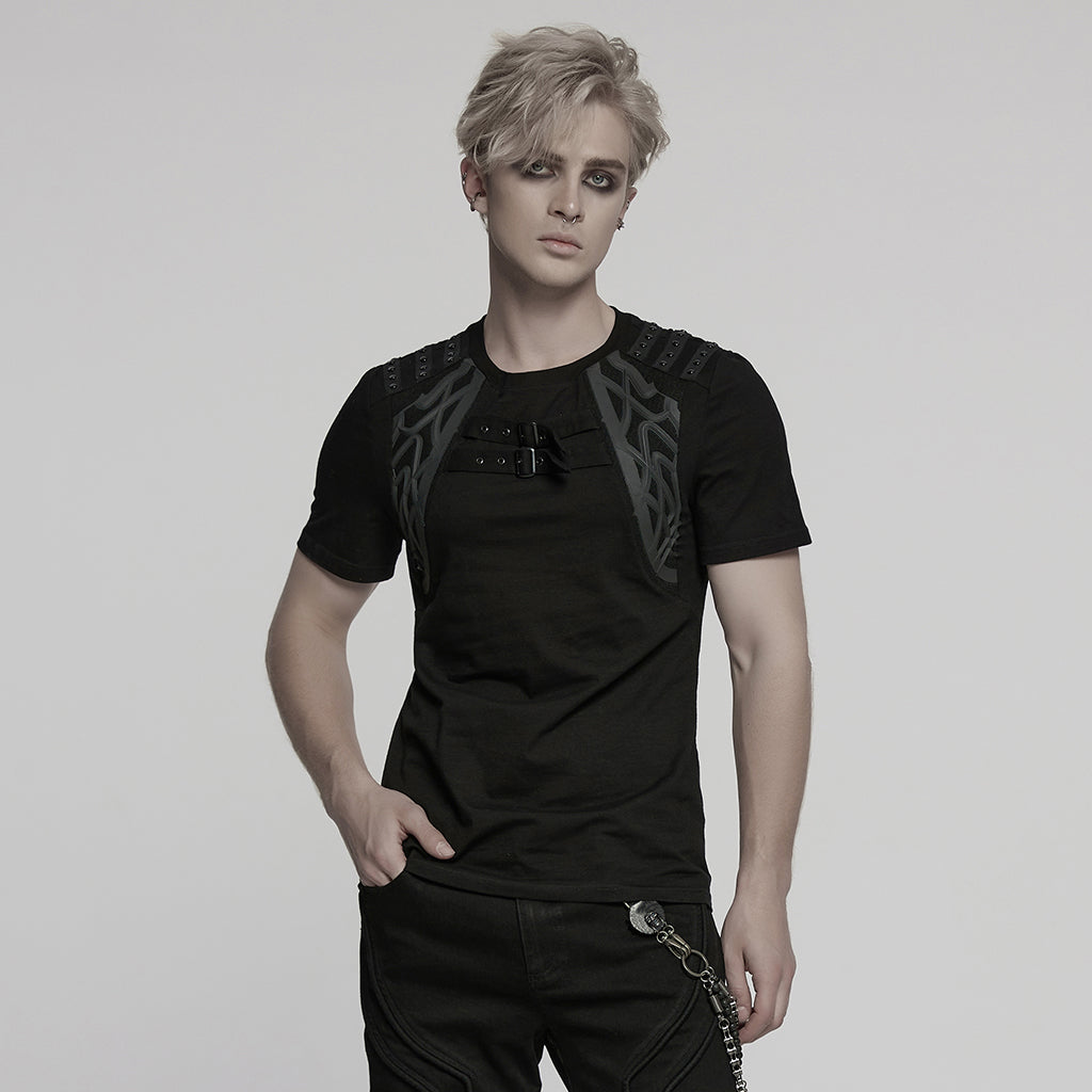 Edgy Buckle Accent Punk T-Shirts with Shoulder Details