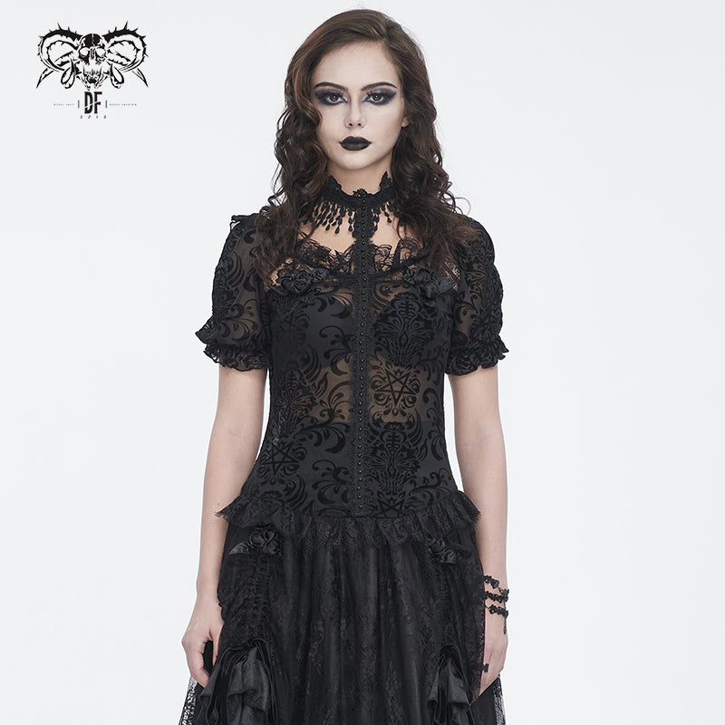 Gothic pentagram flocked mesh with lace halterneck women's short T-shirt