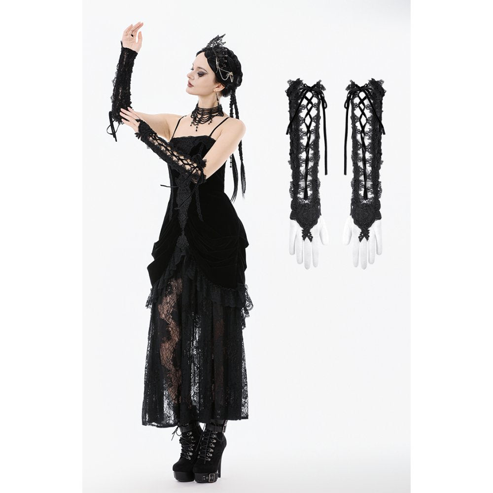 AGL029 Black Gothic Lace Long Gloves with Ribbon Ties