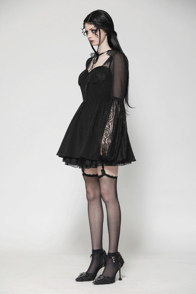 Black Gothic Mesh Patchwork Back Lace-up Everyday Dress