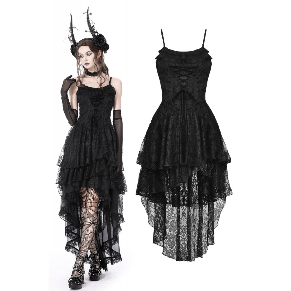 Gothic ghost frilly lace high low strap dress