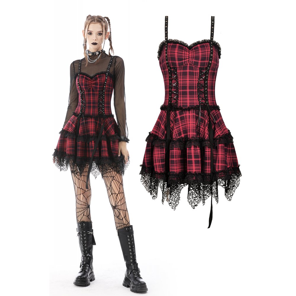 Punk studded plaid layered mini strap dress