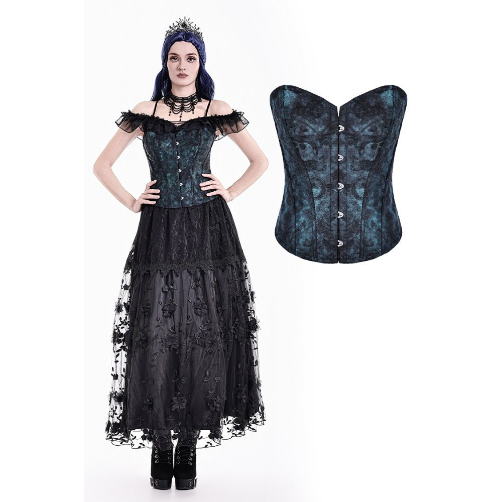 Victorian Gothic Blue-Gold Bronzing Jacquard Corset with Metal Hook Closure and Paisley Pattern