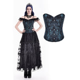 Victorian Gothic Blue-Gold Bronzing Jacquard Corset with Metal Hook Closure and Paisley Pattern