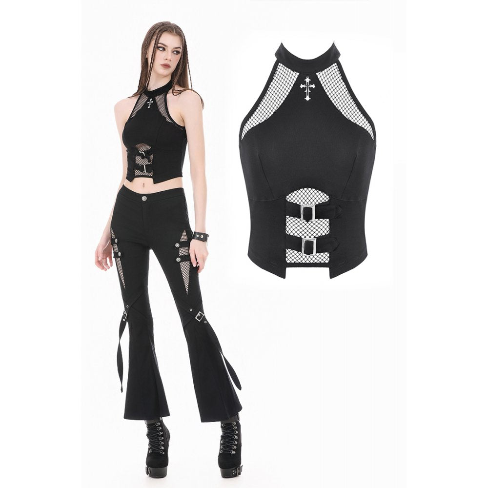 Punk Halter Crop Top with Silver Cross Ornament and Double Buckled Waist