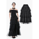 Polka Dot Tiered Lace Skirt with Ruched Mesh and Irregular Net Trim