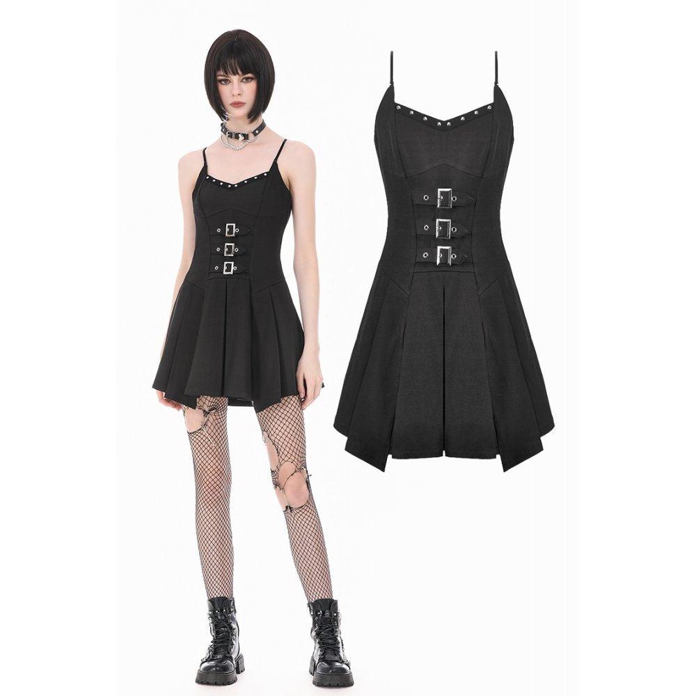 Dark Punk Camisole Dress with Studded Neckline, Triple Buckle Waist and Pleated A-Line Skirt"