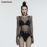 One piece style elastic hot fix rhinestone mesh Punk sexy mesh bodysuit