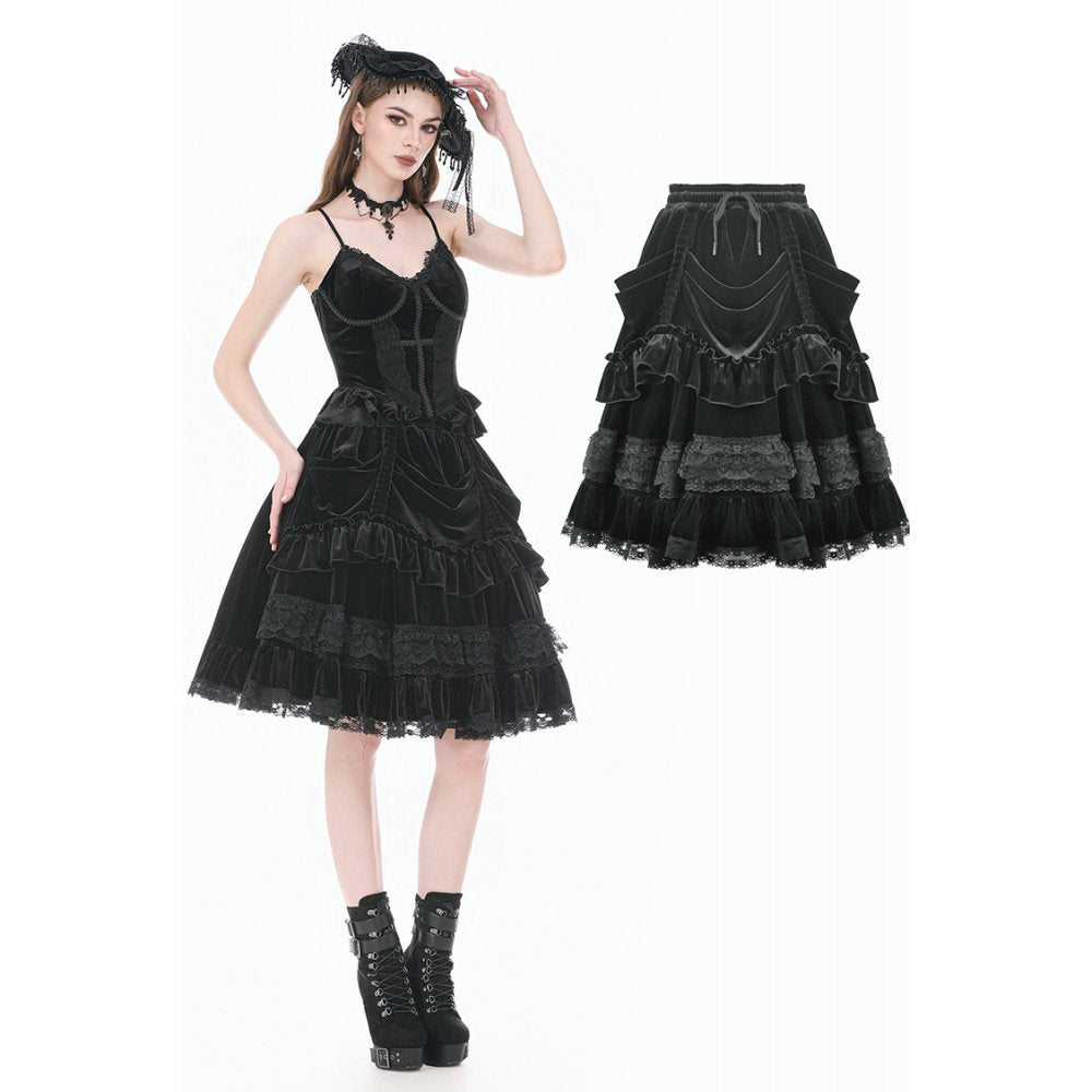 Dark Lolita Skirt in Matte Velvet with Lace Trims