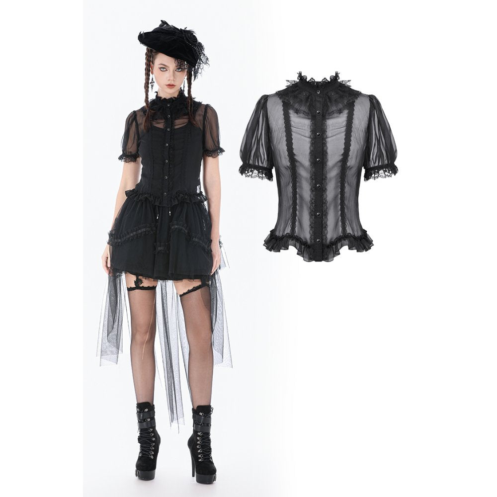 Courtly Sheer Lace Ruffle Blouse