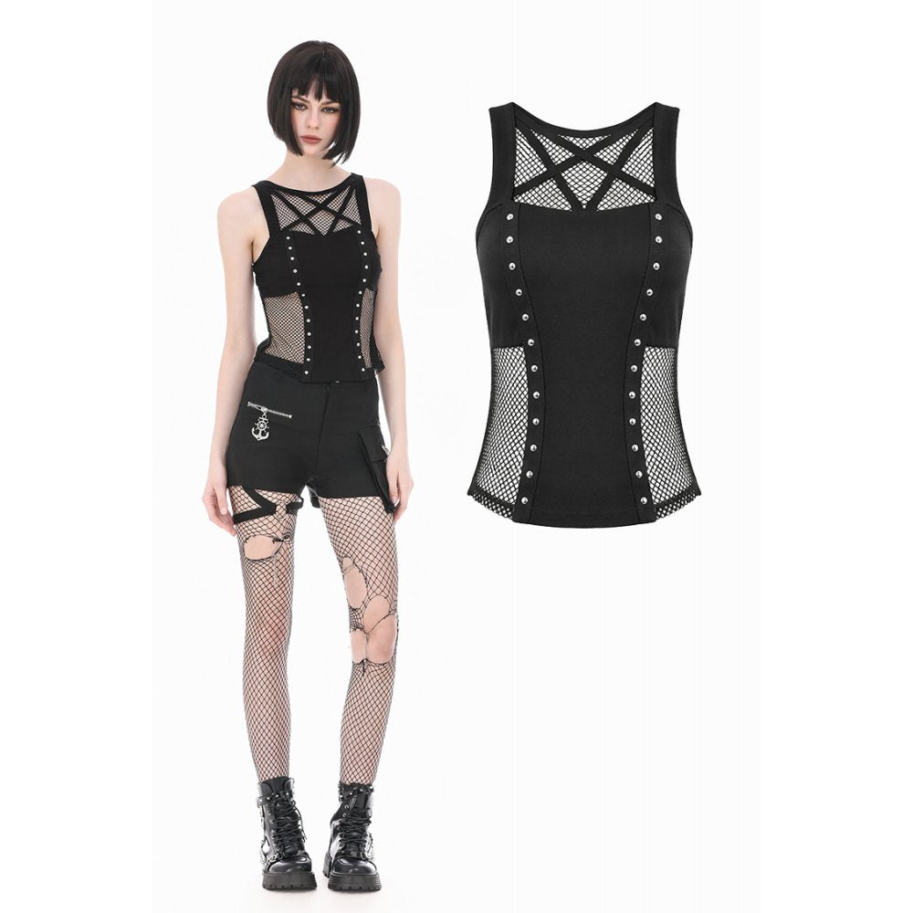 Punk Tank Top with Pentagram Mesh Inlay and Studded Vertical Tape