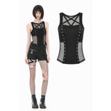 Punk Tank Top with Pentagram Mesh Inlay and Studded Vertical Tape