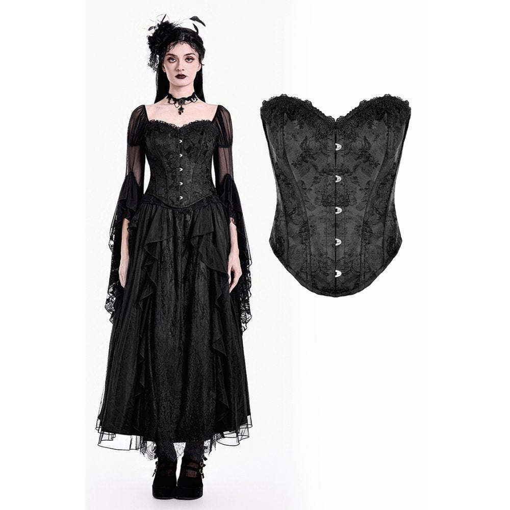 CW123BK Baroque Vow - Victorian Gothic Jacquard Overbust Corset with Busk Closure and Lace Trim