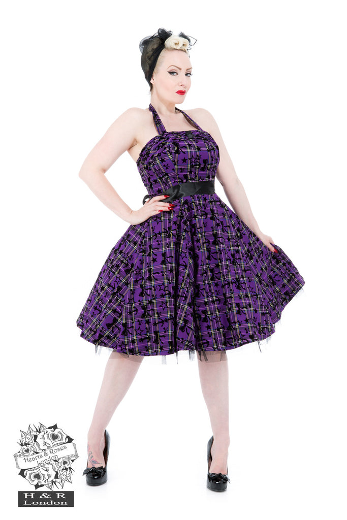 Kiara Purple Tartan Flocked Halterneck Dress By
 Hearts & Roses London