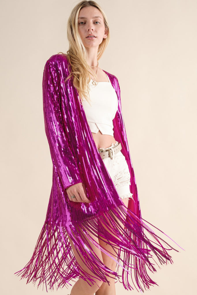 Sequin Fringe Star Back Open Cardigan