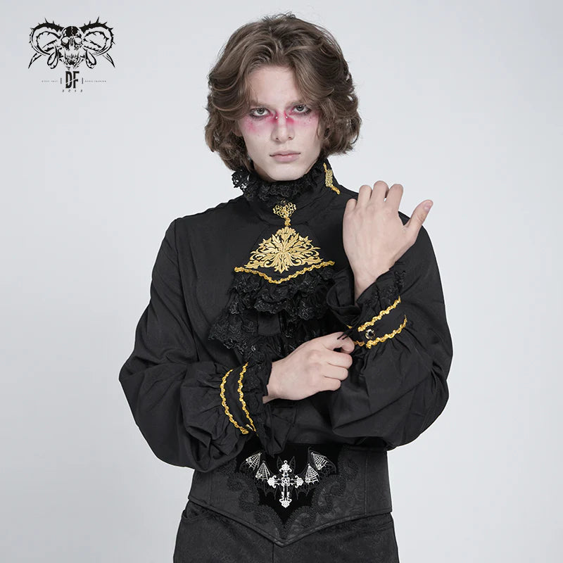 Gothic black and gold embroidered lace sleeves bow tie chiffon shirts