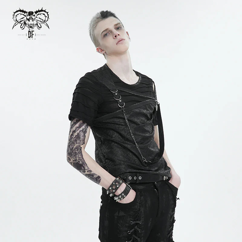 Tattered Knit Zipper Webbing Men's T-Shirt