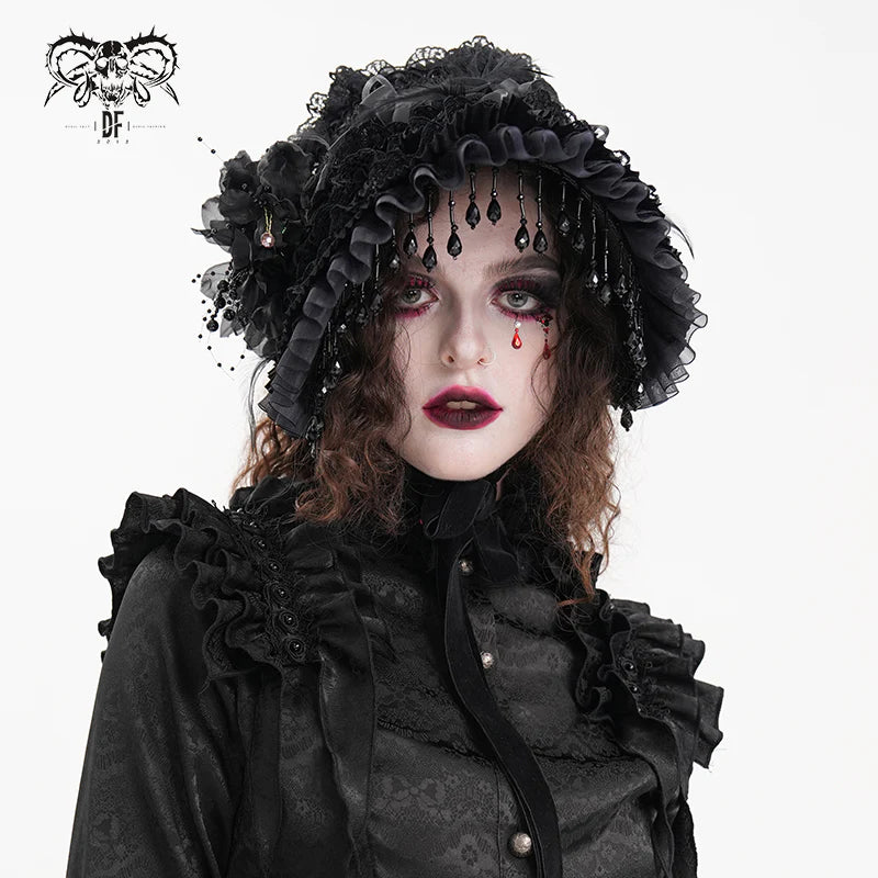 gothic black Lolita lace Big flower tassel half hat