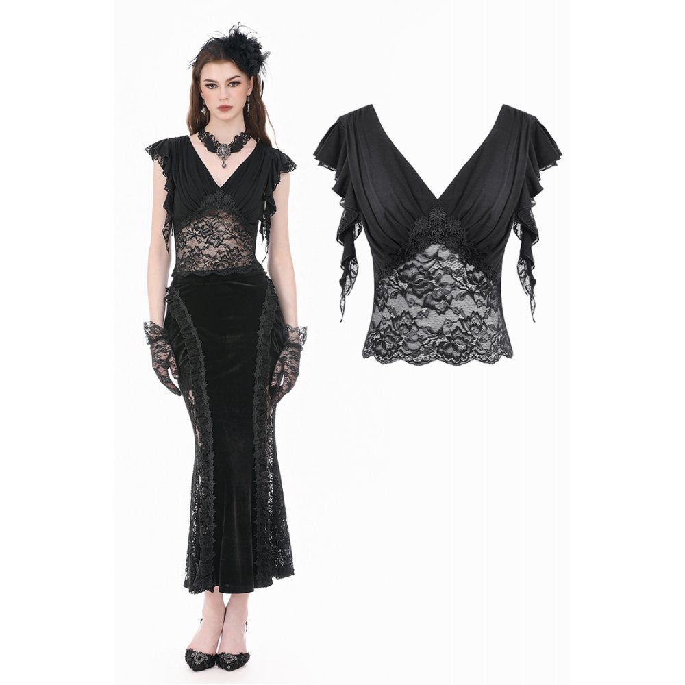 Gothic Deep-V Lace Patchwork Draped Knit Crop Top