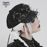 Hand-Painted Black Wool-Blend Octagonal Cap with Assorted Safety Pins and Leather Buckle