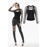 Punk Knitted Top with Mesh Overlay and Shoulder Buckle Details
