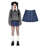 Indigo double-breasted gold star button plaid skirt