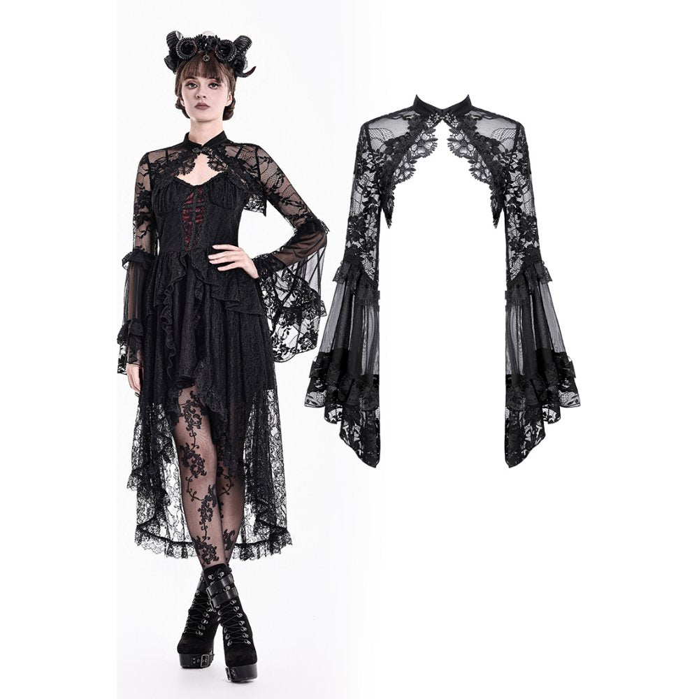 Gothic Guipure Lace Shrug with Layered Mesh and Flare Sleeves