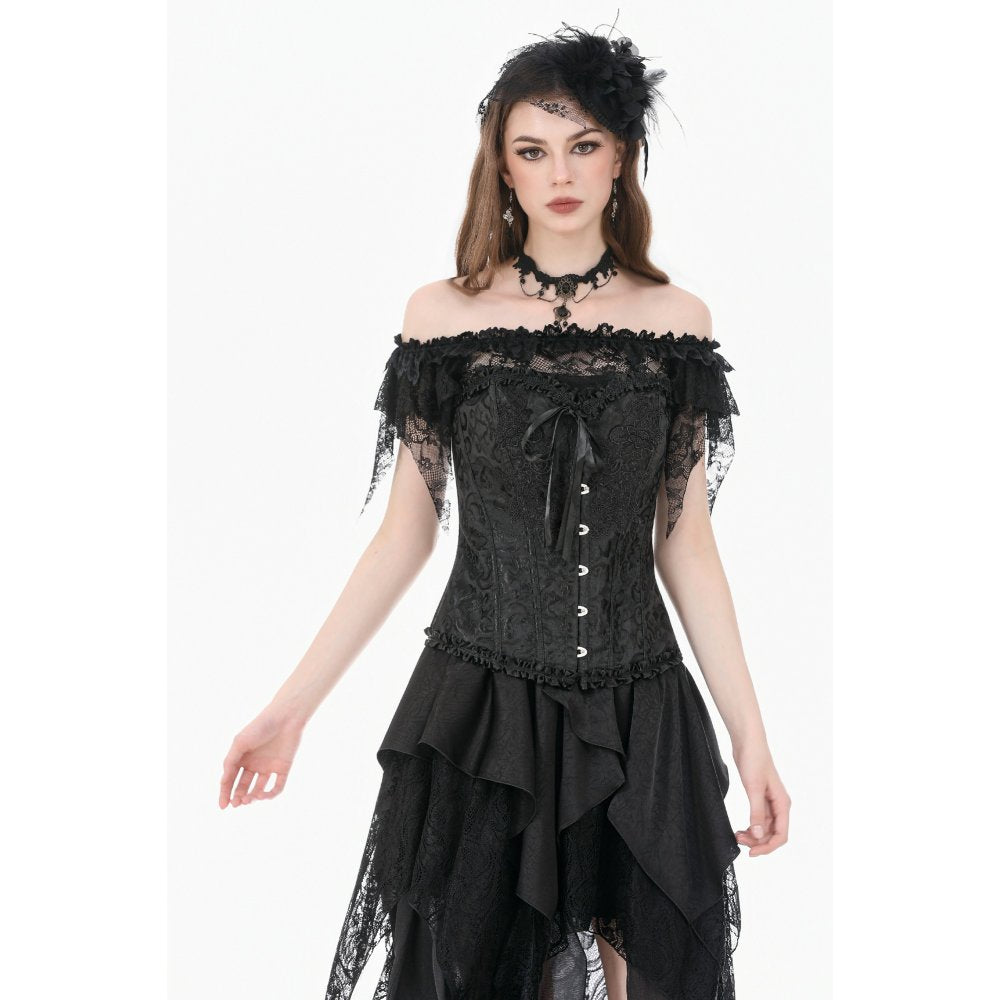 Gothic Court Jacquard Corset with Lace Ruffles and Metallic Busk