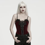 Velvet Lace Gothic Corset with Intricate Embroidery Front Design- Red