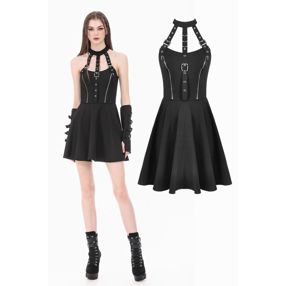 Dark Punk Halter Dress with Metallic Buckles and Front Zipper Detail