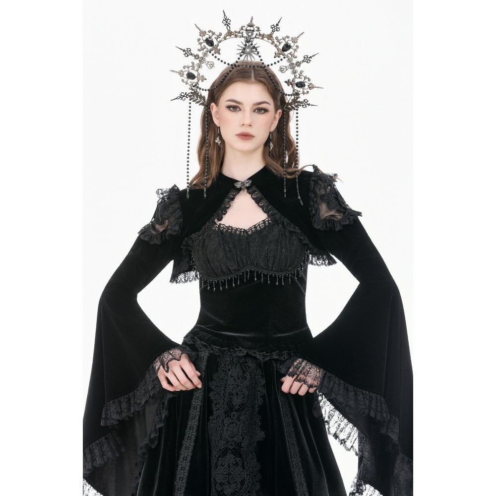 Gothic Revival Velvet Shrug with High Neck, Lace-Cutout Shoulders and Flared Ruffle Sleeves"