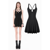 Dark Punk Style Black Mini Dress with Cut-out Cross Straps