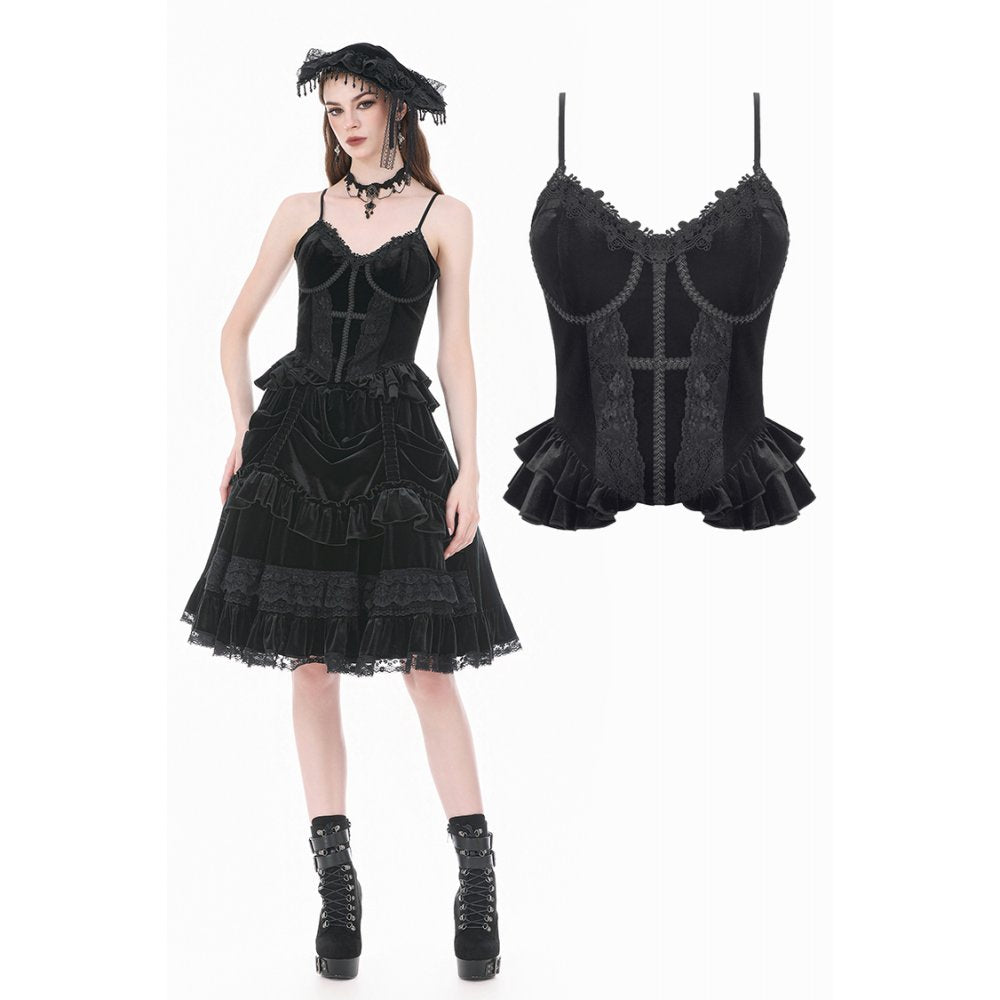 Gothic Vintage Velvet Lace Patchwork Coffin and Cross Trimmed Cami Top