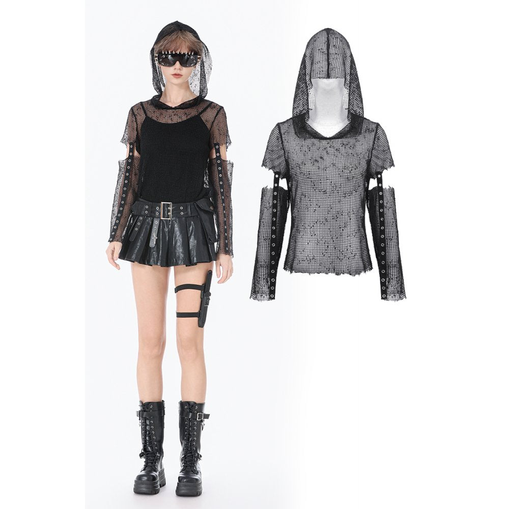 Punk Mesh Hollow-Out Hooded Top