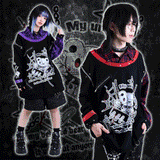 Bear print plaid shirt collar fake two-piece unisex zipper T-shirt Jill original cute punk street style