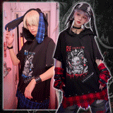 Syringe Rabbit💉Scottish plaid patchwork irregular vintage fringed shape rabbit ear sleeve hooded T-shirt Jill original Japanese punk rock style
