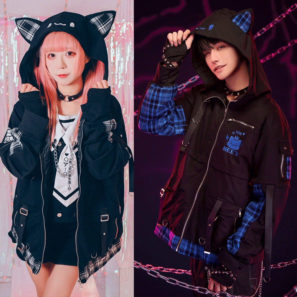 Gacha Cat📱NEET Home Security Guard Padded Checkered Cat Ear Detachable Sleeve Hooded Jacket