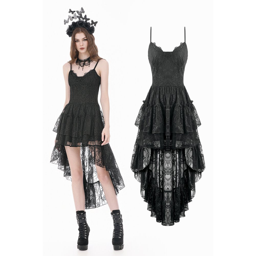 Retro Gothic Lace Camisole High-Low Ruffle Tail Dress