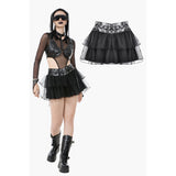 Punk Mesh-Layered Skirt with D-Ring Ties Waist