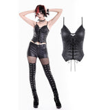CW119 Gothic Punk Corset in Matte Faux Leather with Bat Emblem and Lace-Up Corset Detailing